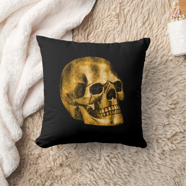 Coussin Halloween gothique noir Cool de luxe crâne d'or (Couverture)