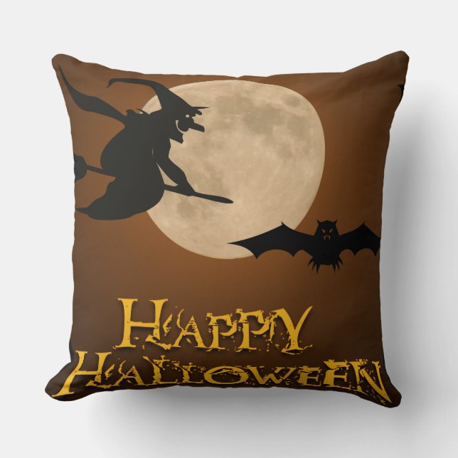 Coussin Halloween heureux ; Pleine lune et sorcière (Recto)
