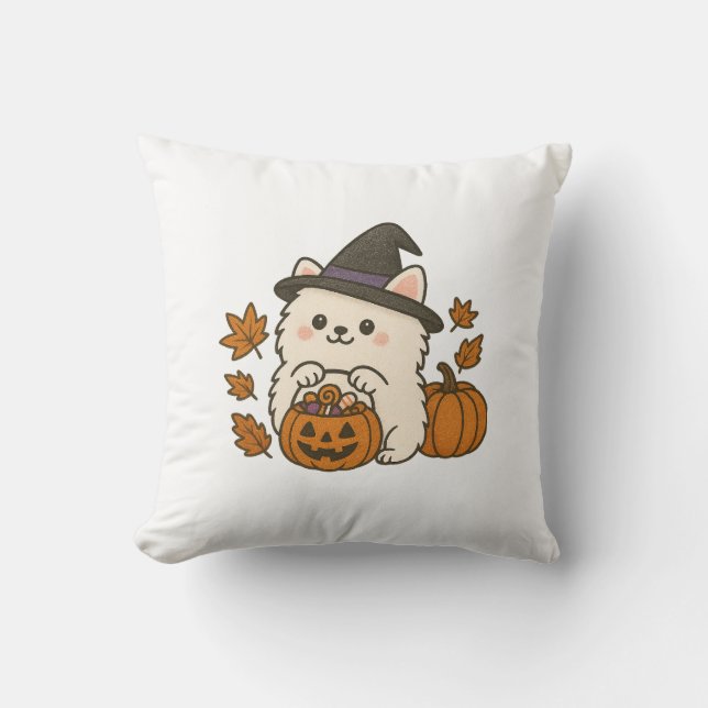 Coussin Halloween Kussen - Pomeranian à chapeau (Recto)