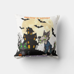 Coussin Halloween "Meow & Woof at Midnight" Chat & Werewol
