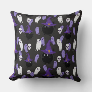COUSSIN HALLOWEEN PURPLE AVEC CHATS NOIRS ET FEU BLANC