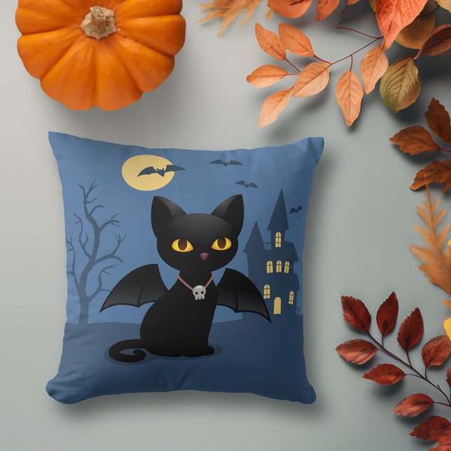 Coussin Halloween Vampire Chat noir avec ailes (Créateur téléchargé)