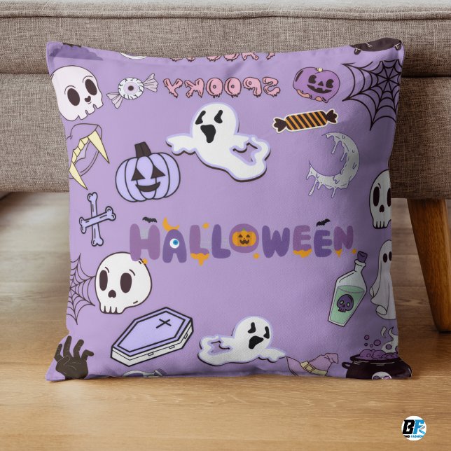 Coussin Halloween violet et blanc - Éffrayant (#ordernow)