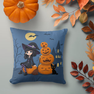 Coussin Halloween Witch, Chat noir et Citrouille