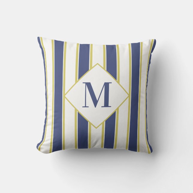 Coussin Hamptons Bleu Blanc et Gold Strit Yacht (Recto)
