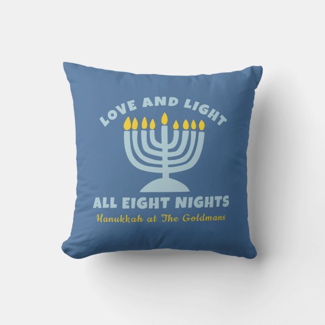 Coussin Hanoukka "Amour et Lumière" Personnalisé Juif Bleu (Recto)
