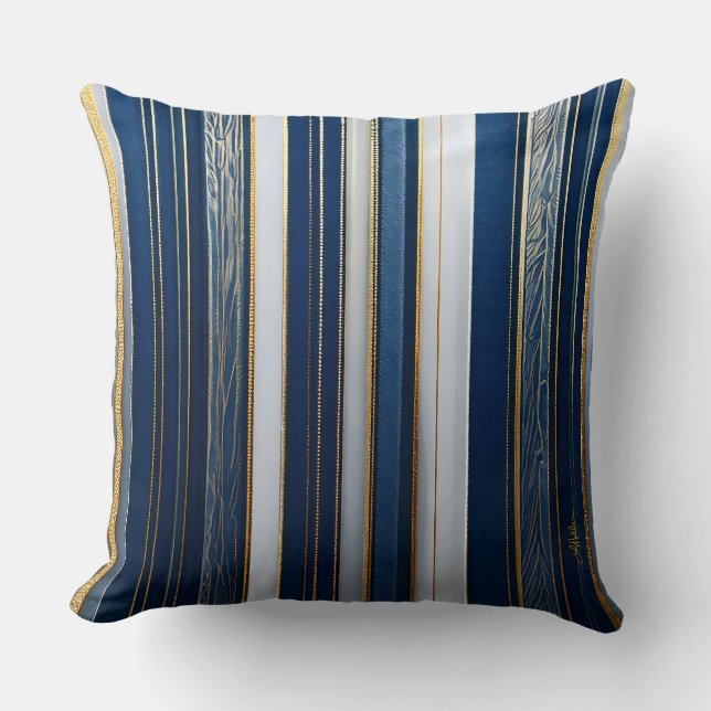 Coussin Hanoukka Blues Stripes Bleu Blanc Or (Recto)
