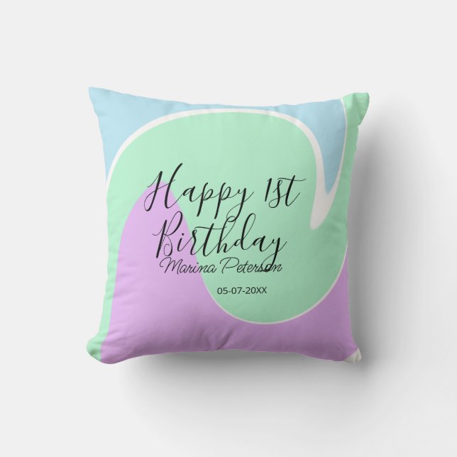 Coussin Happy 1st birthday pink green blue acrylic pour  (Recto)