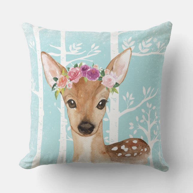 Coussin Happy Animal avec Fleurs en Forêt Bleue-Cerf (Recto)