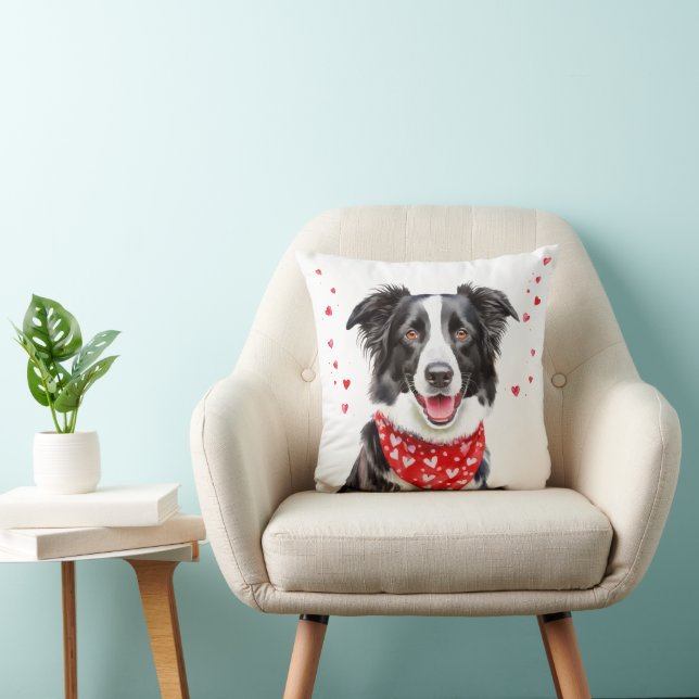 Coussin Happy Border Collie avec Red Heart Bandana (Chaise)