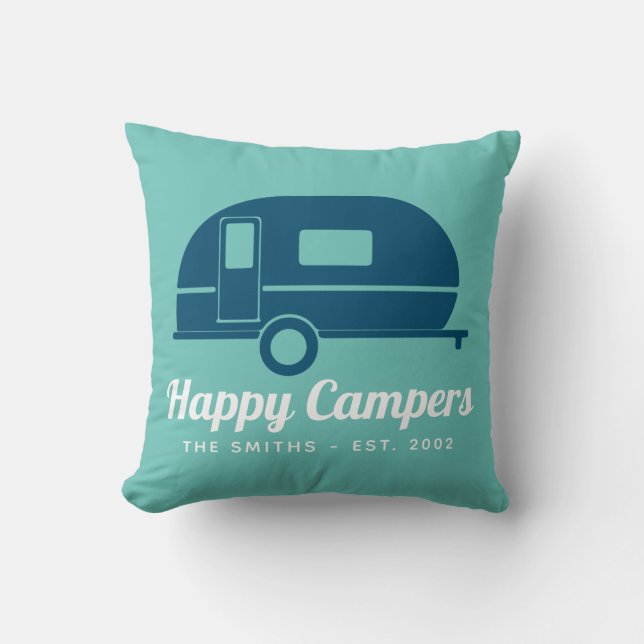 Coussin Happy Campers Camping Turquoise de la Marine (Recto)