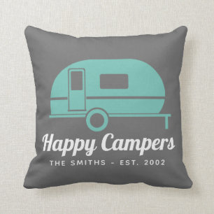 Coussin Happy Campers Camping Turquoise gris