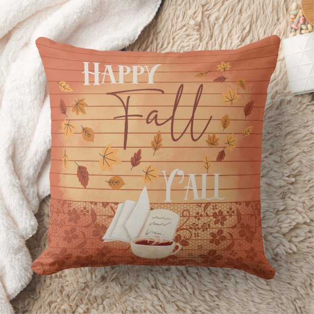 Coussin Happy Fall Y'all avec café et feuilles d'automne (Couverture)