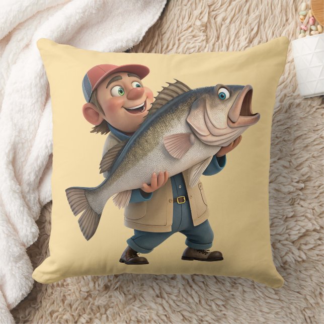 Coussin Happy Fisherman avec un mignon gros poisson (Couverture)