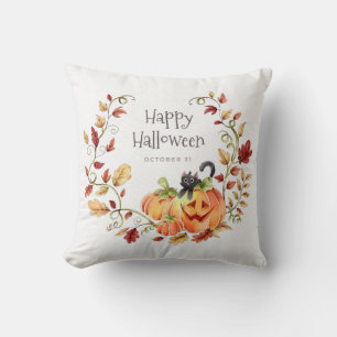 Coussin Happy Halloween Foliage d'automne Chat noir