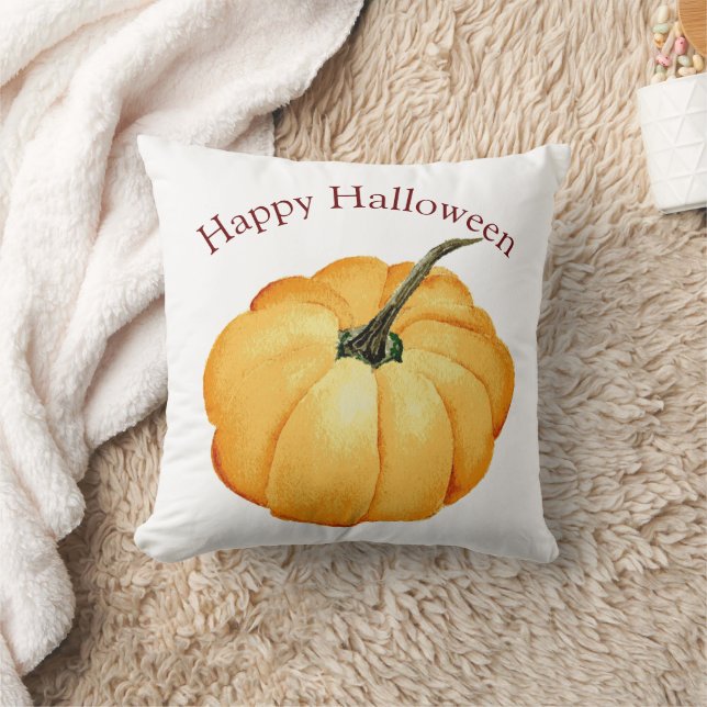 Coussin Happy Halloween orange citrouille rétro aquarelle (Couverture)