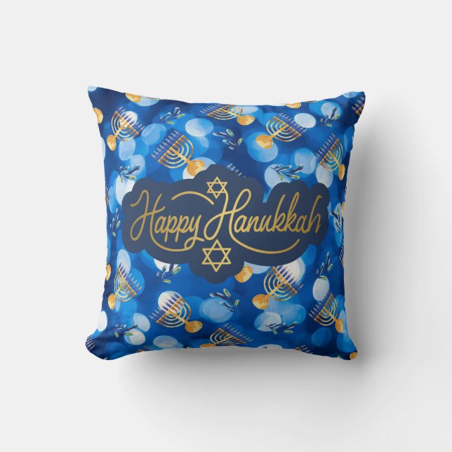 Coussin Happy Hanukkah Blue And White (Recto)