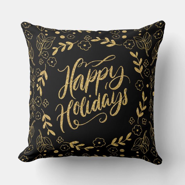 Coussin Happy Holiday Modern Typographie Gold Leafs Cadre (Recto)