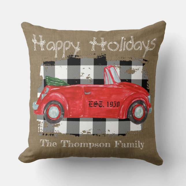 Coussin Happy Holidays burlap rétro camion rouge écossais (Recto)
