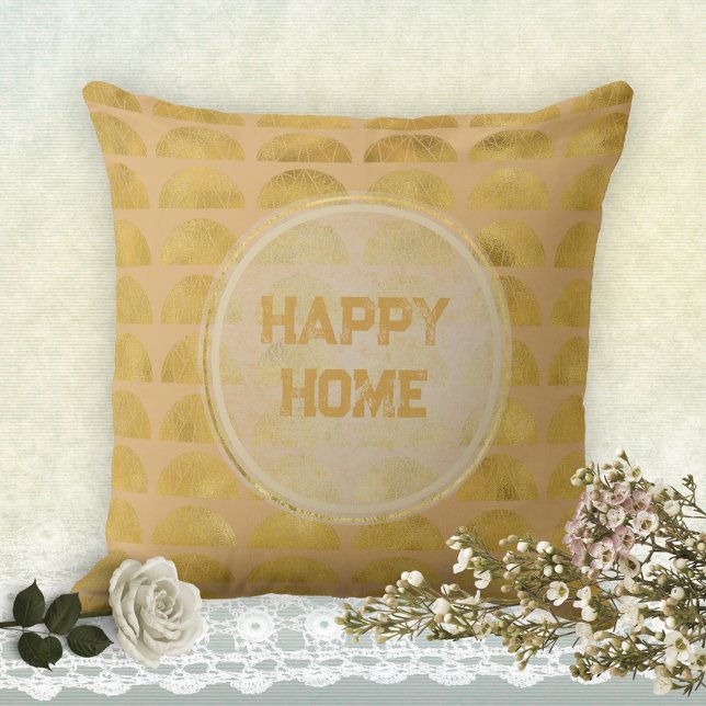 Coussin HAPPY HOME Golden Grunge Élégant élégant (HAPPY HOME Golden Grunge Elegant Stylish Throw Pillow ©Susanne Sachers - Sunny Mind Design)