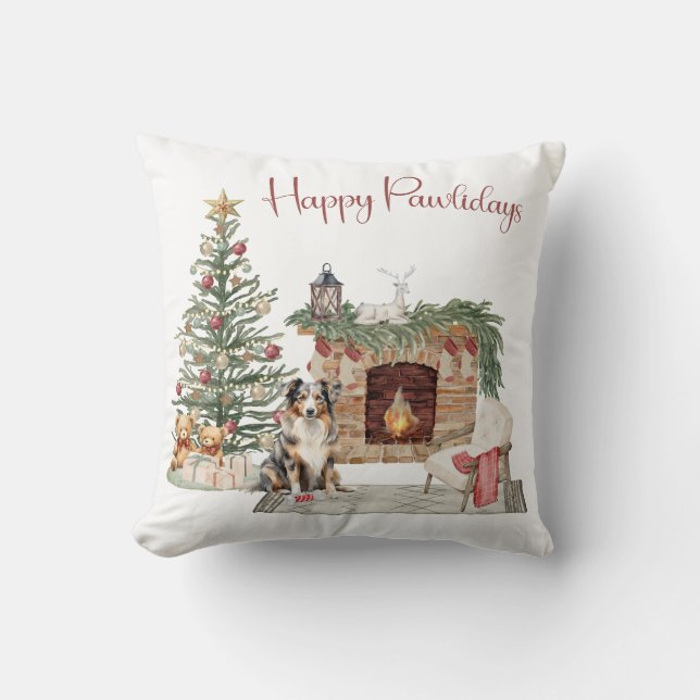Coussin Happy Pawlidays Chien Design - Australian Shepherd (Recto)