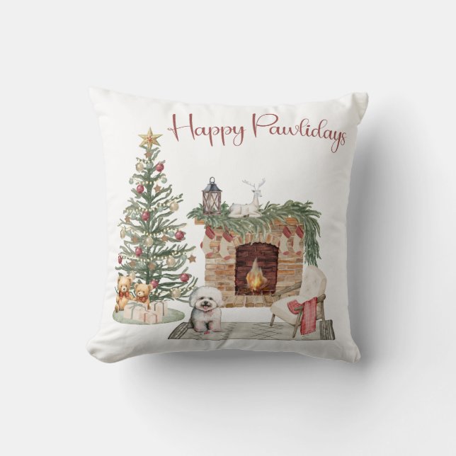 Coussin Happy Pawlidays Chien Design - Bichon Frise (Recto)