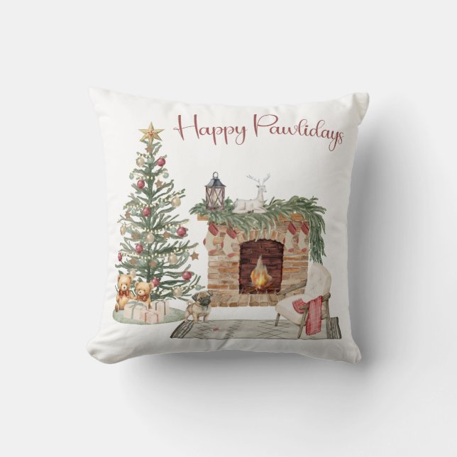 Coussin Happy Pawlidays Chien Design - Carlin (Recto)