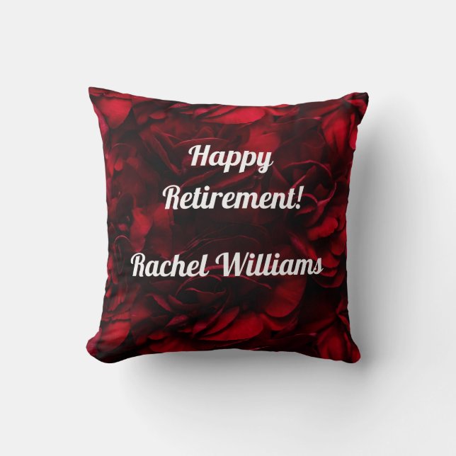 Coussin Happy retraite nom personnalisé rose florale rouge (Recto)