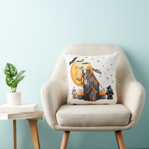 Coussin Haunted House Ghosts Pleine lune Halloween blanc