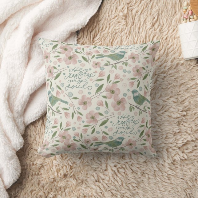 Coussin He Restores My Soul Botanical Spring Pattern (Couverture)