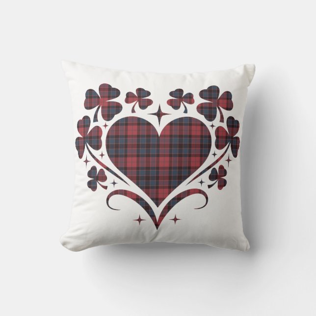 Coussin Heart Shamrock Plaid Red Blue Tartan Clover (Recto)
