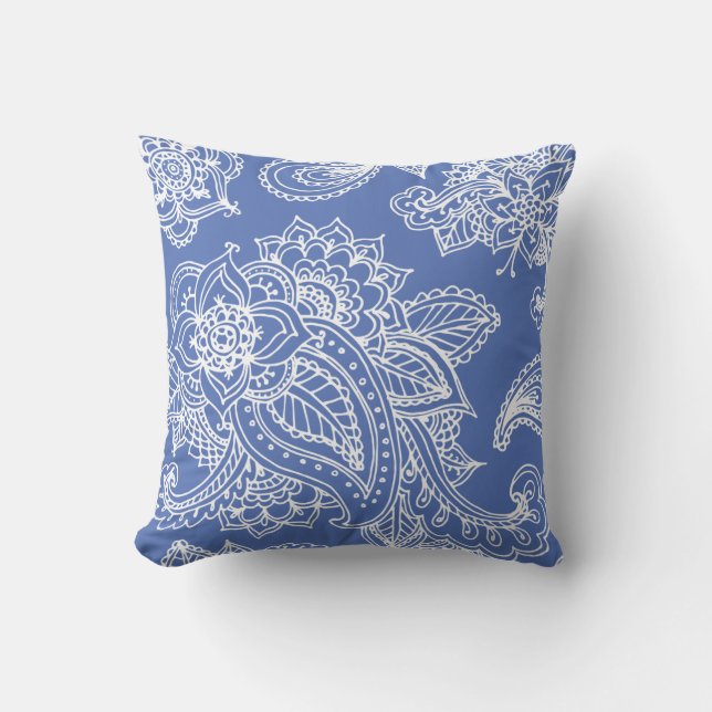 Coussin Henné de Paisley Bleu Illustré Bohémien (Recto)