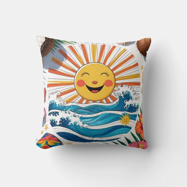 Coussin Here Comes the Sun – Boho Beach Vibes Throw Pillow (Recto)