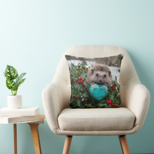 Coussin Hérisson mignon de décembre avec cœur turquoise