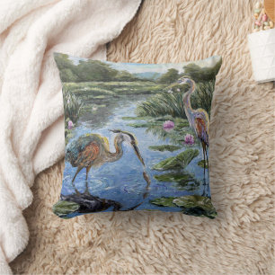 Coussin Hérons aux nénuphars : Grands Hérons bleus dans l'