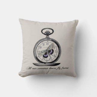 Coussin Heures volent vite, montre de poche et papillon