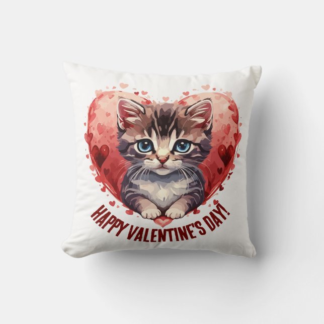 Coussin Heureuse Sainte-Valentin Little Kitten avec coeur (Recto)