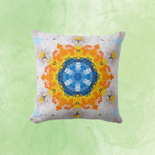Coussin Hex Mandala bleu jaune orange et blanc