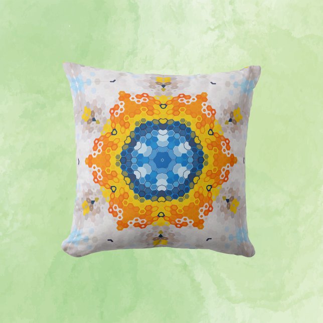 Coussin Hex Mandala bleu jaune orange et blanc (Créateur téléchargé)