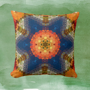 Coussin Hex Mandala bleu orange et rouge
