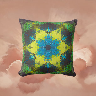 Coussin Hex Mandala vert jaune et bleu