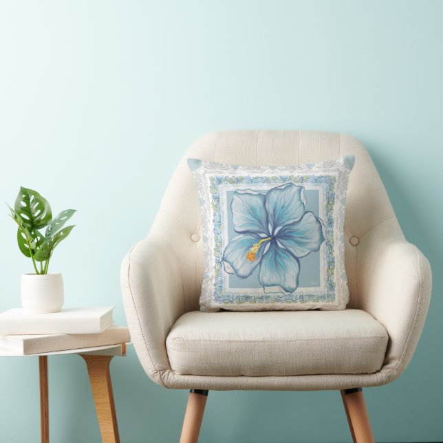 Coussin Hibiscus & dentelle TURQUOISE (Chaise)