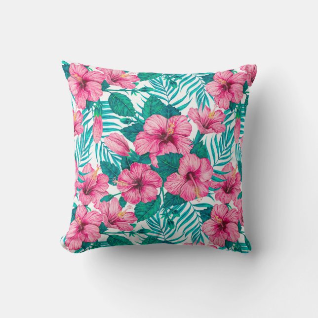 Coussin Hibiscus et palmiers feuilles (Recto)