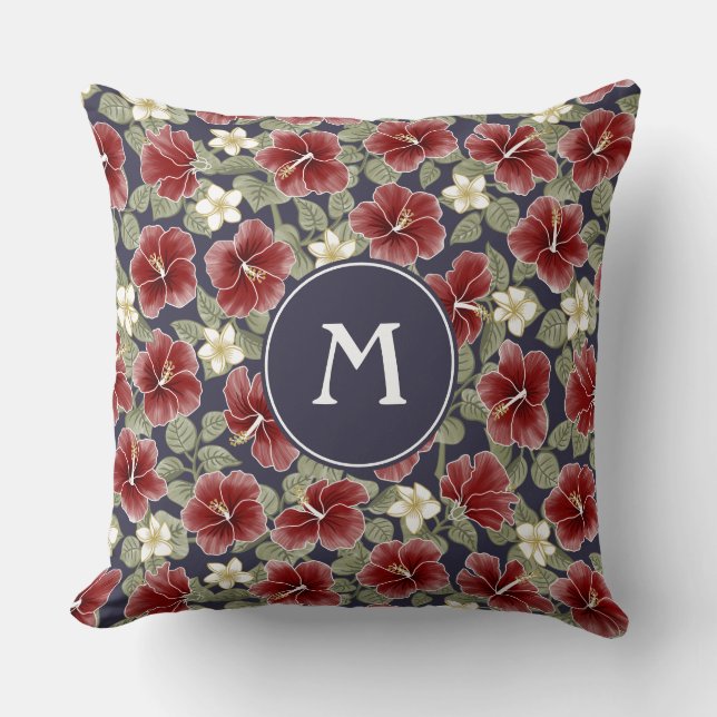 Coussin Hibiscus et Plumeria - Maroon (Recto)