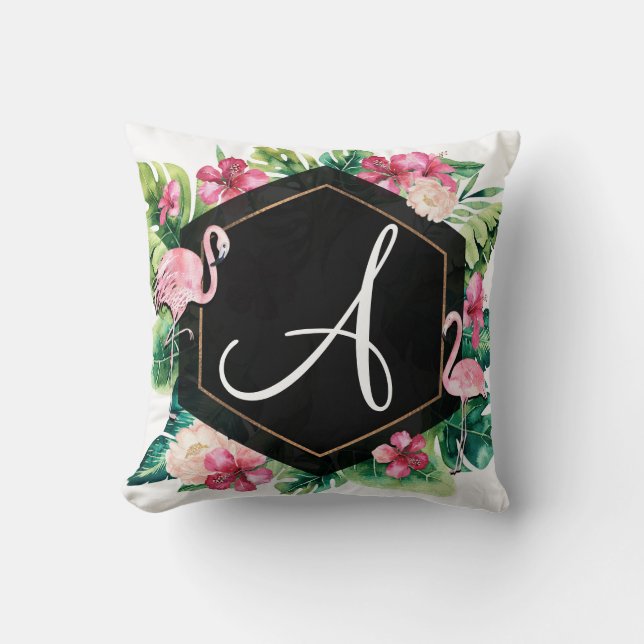 Coussin Hibiscus Feuille tropicaux Flamants roses été chic (Recto)