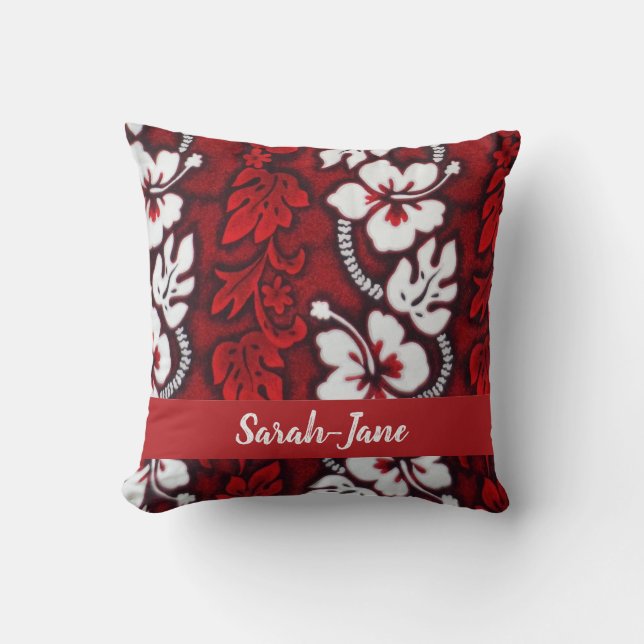 Coussin Hibiscus hawaïen rouge et blanc Flore tropicale (Recto)