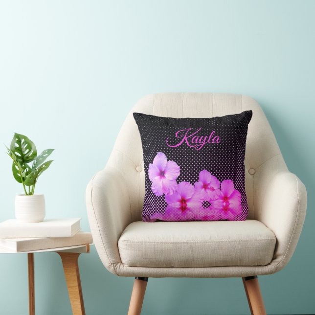 Coussin Hibiscus rose chaud sur noir et rose Personnalisé (Chaise)