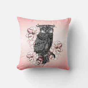 Coussin Hibiscus rose chouette grise