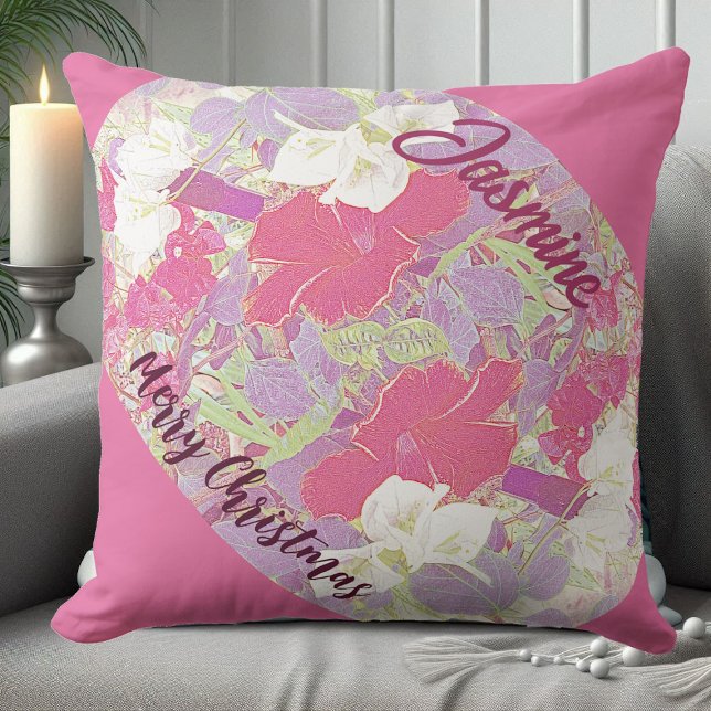 Coussin Hibiscus rose Floral Joyeux Jardin de Noël mignon (Pink Floral Hibiscus Merry Christmas Garden Cute Throw Pillow)