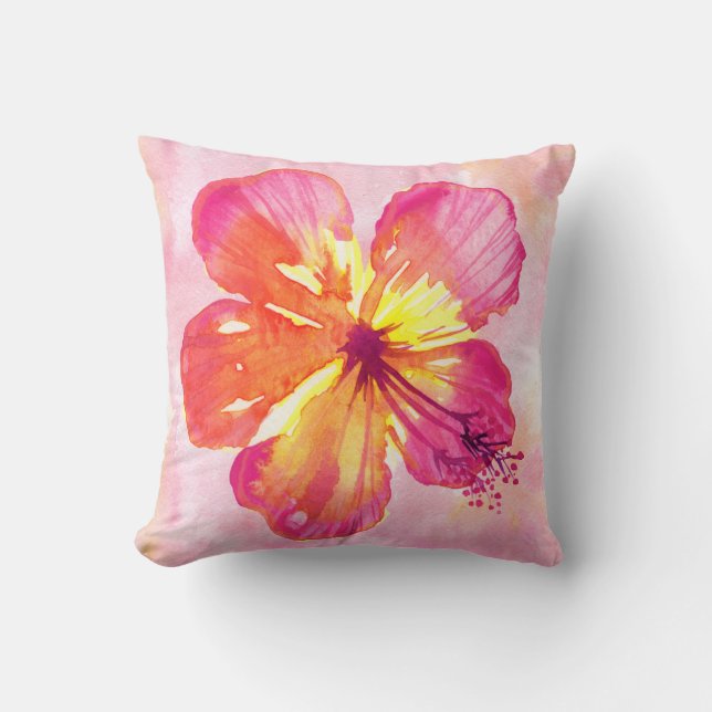 Coussin Hibiscus rose tropical sur aquarelle Abstraite (Recto)